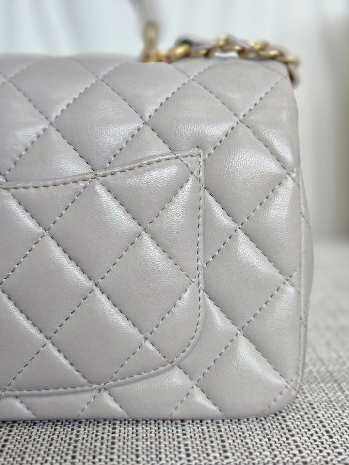 CHANEL 21A light Grey Lambskin Aged GHW Mini Rectangular Flap Bag with Top Handle