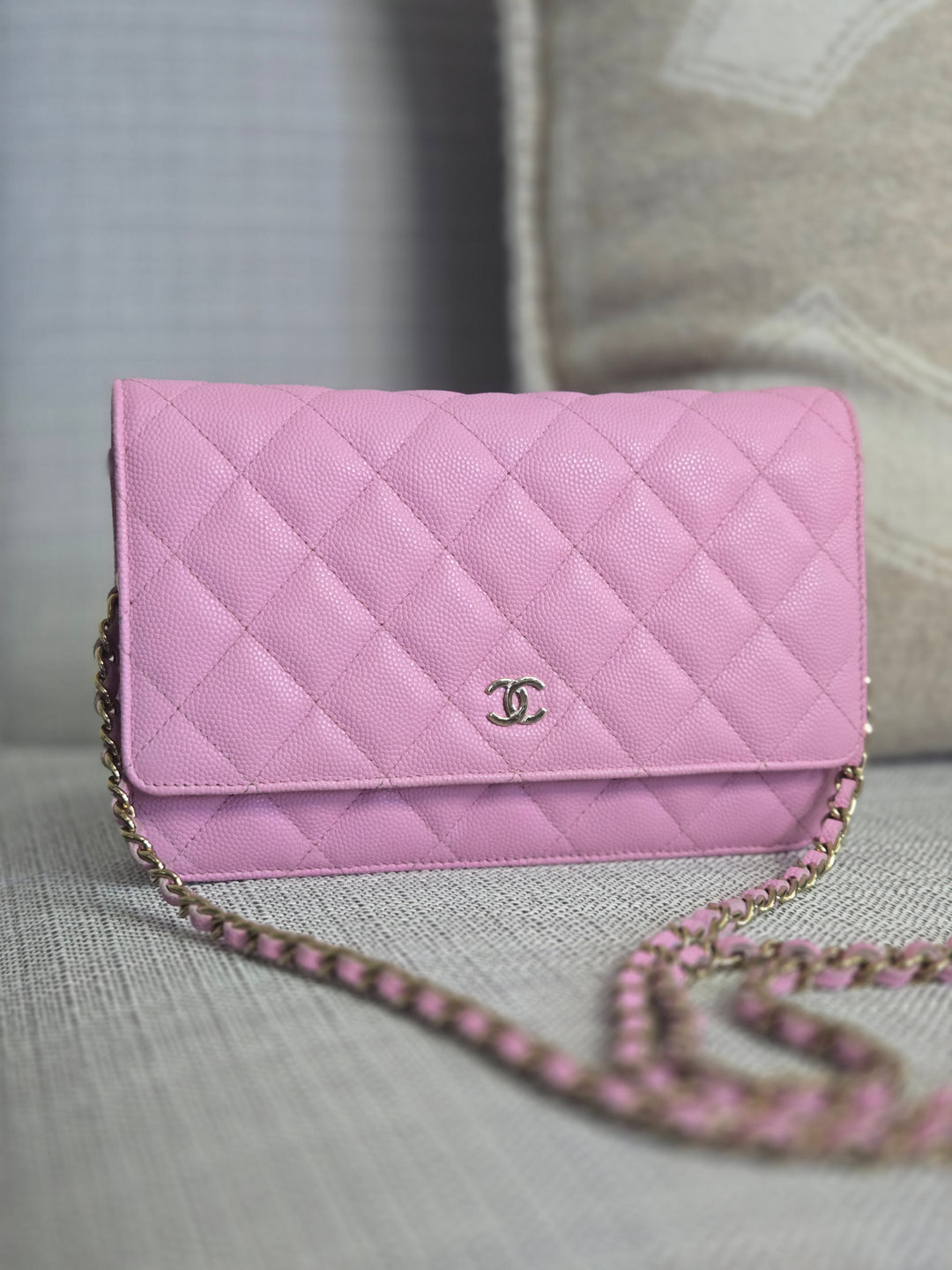 Chanel 23P Collection 2023 Mauve undertone Pink Caviar Champagne GHW Classic Wallet on chain (WOC)