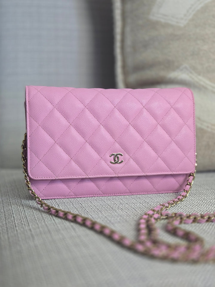 Chanel 23P Collection 2023 Mauve undertone Pink Caviar Champagne GHW Classic Wallet on chain (WOC)