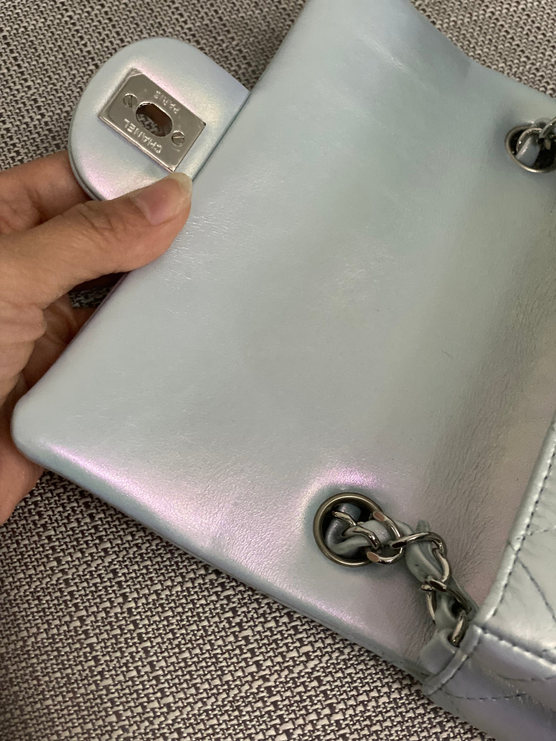 Chanel 21K collection 2021 Iridescent Light Blue Calf skin SHW Mini Rectangular Flap Bag