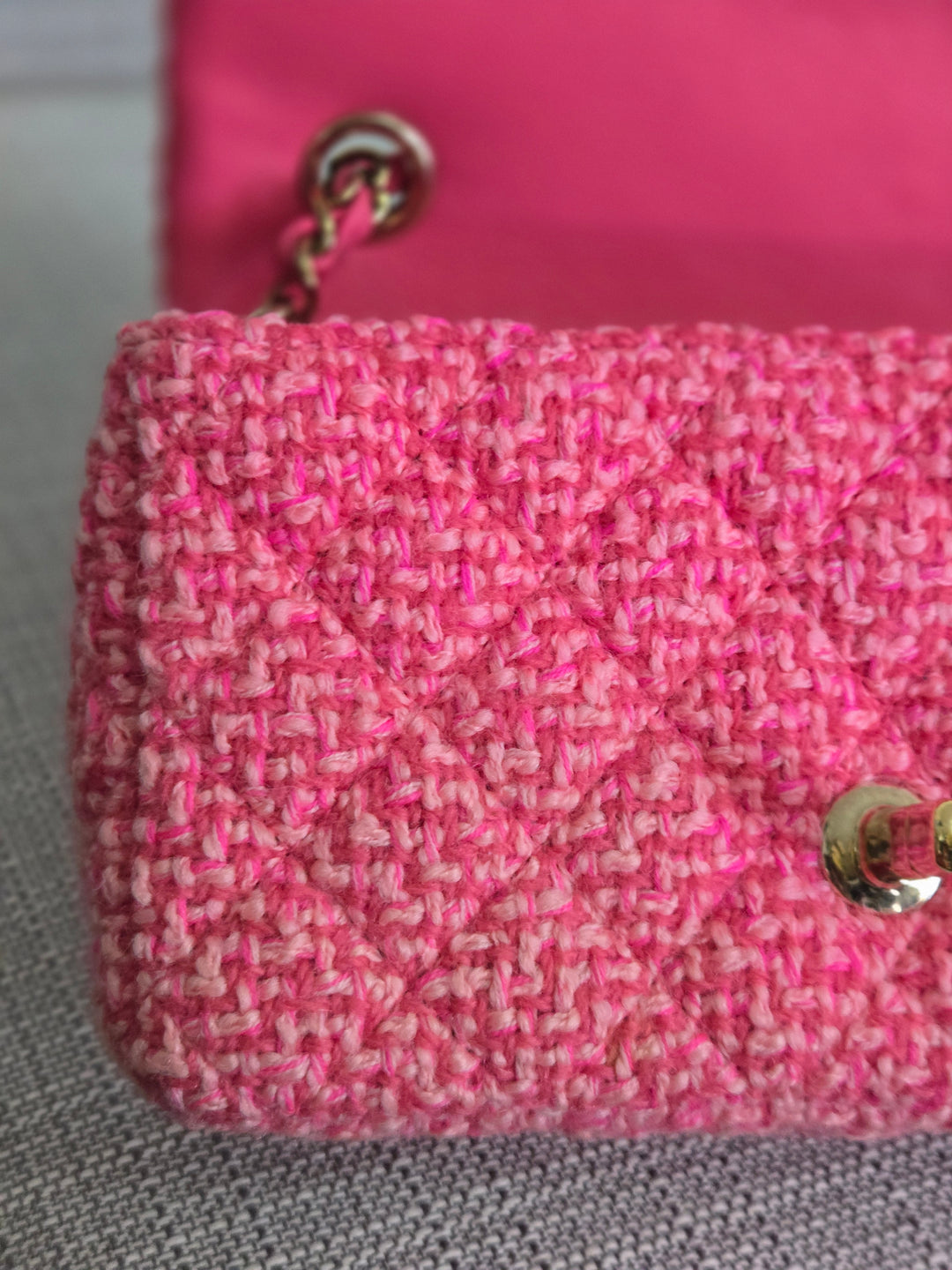 Chanel 22B 2022 Fall/Winter Fuchsia/Light Pink/Dark Pink Tweed Mini Rectangular Flap Bag with Champagne GHW