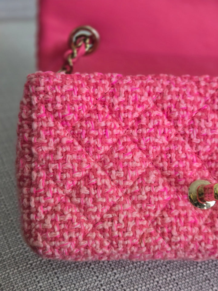 Chanel 22B 2022 Fall/Winter Fuchsia/Light Pink/Dark Pink Tweed Mini Rectangular Flap Bag with Champagne GHW