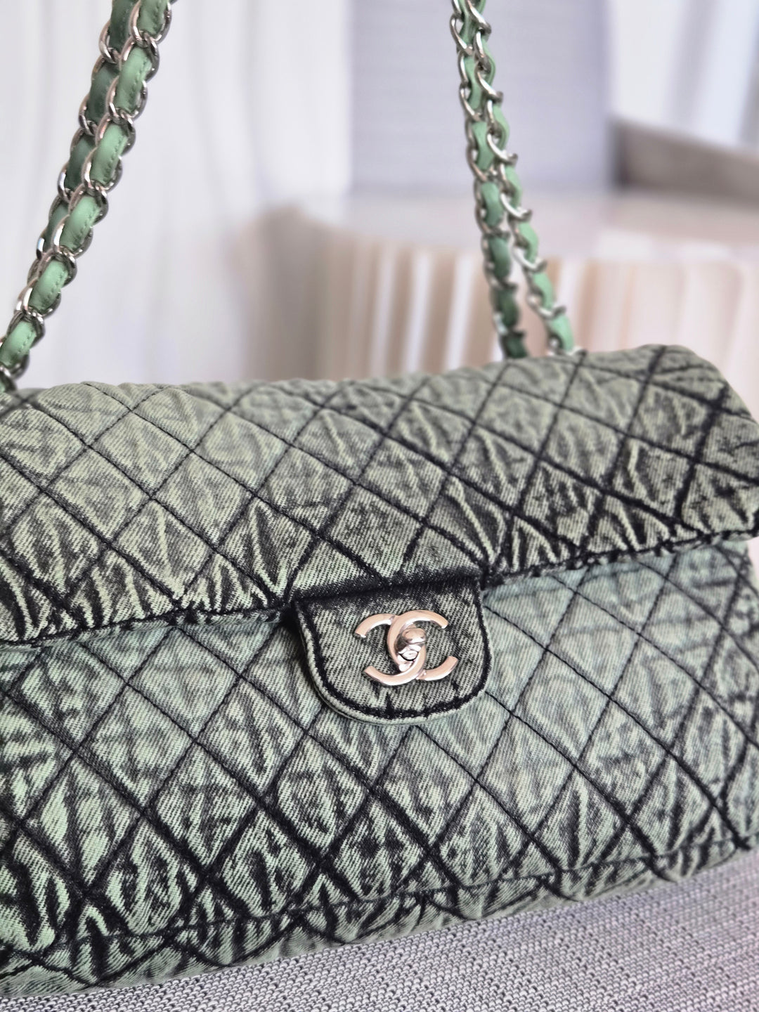 CHANEL Green Denimpression SHW size Jumbo Single Flap Bag