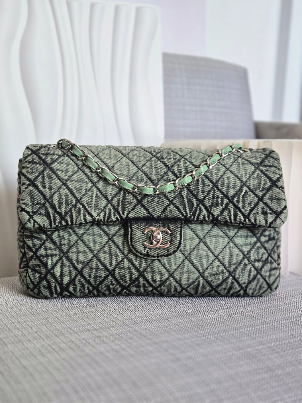 CHANEL Green Denimpression SHW size Jumbo Single Flap Bag