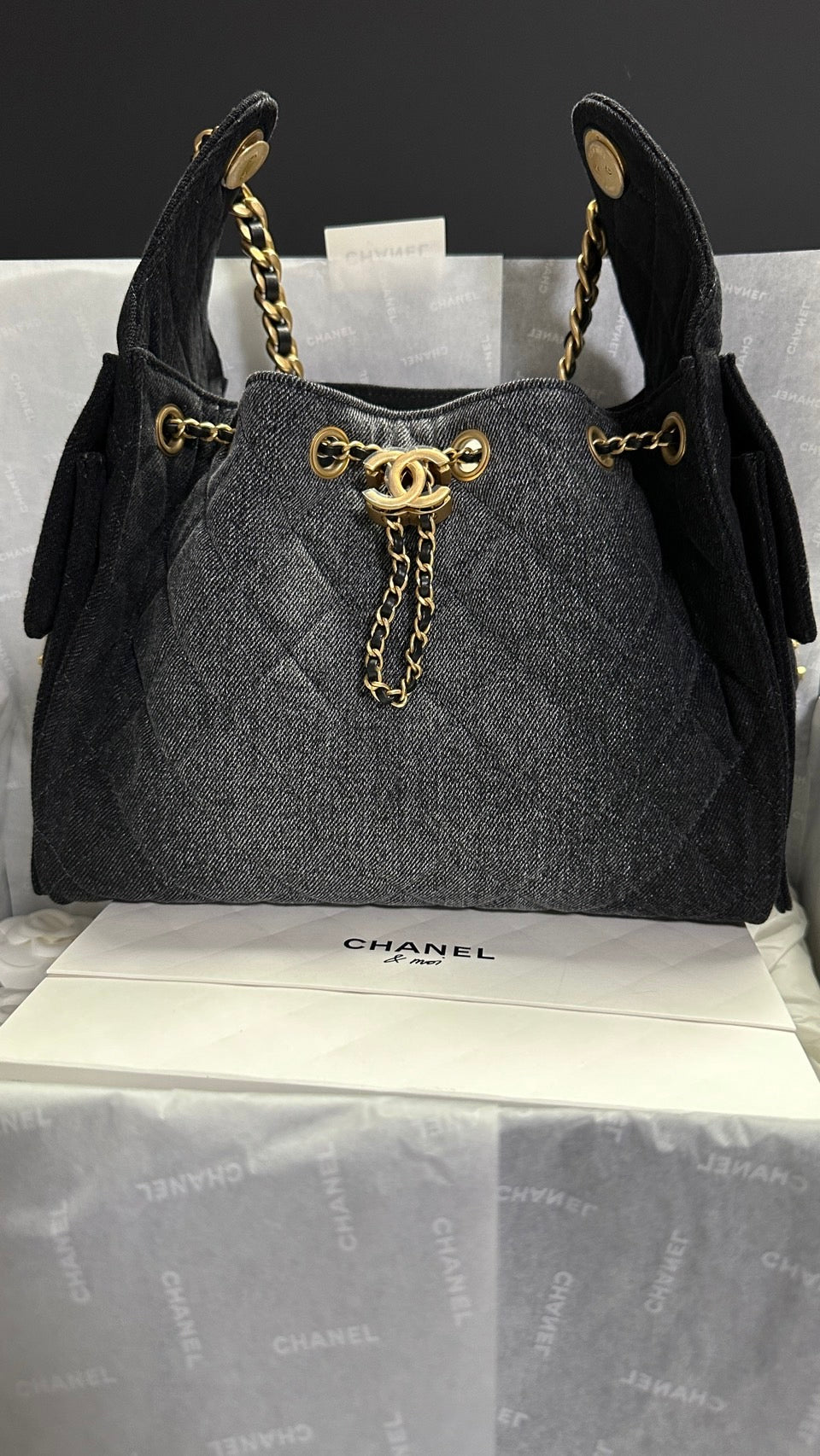 Chanel 25 Hobo Bag with Aged GHW size Small in Black Denim 25S Summer/Spring Collection