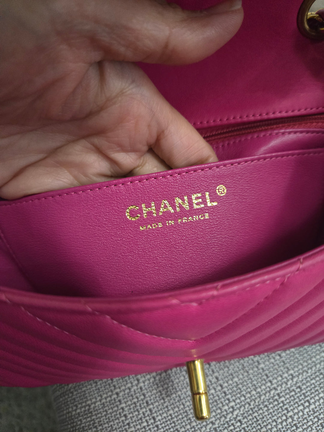 Chanel series 21 Barbie Pink Lambskin Chevron Mini Rectangular Flap Bag with Yellow GHW
