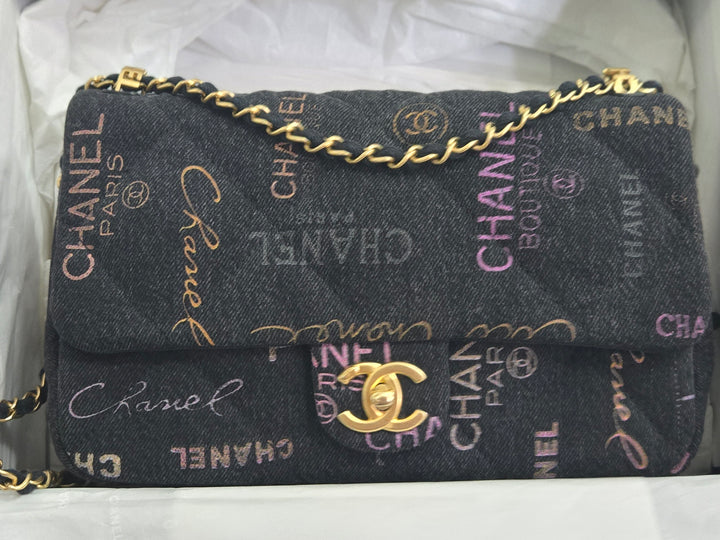 Chanel 22P collection Black Denim Mood Flap Bag with Aged GHW size Medium (25 cms)