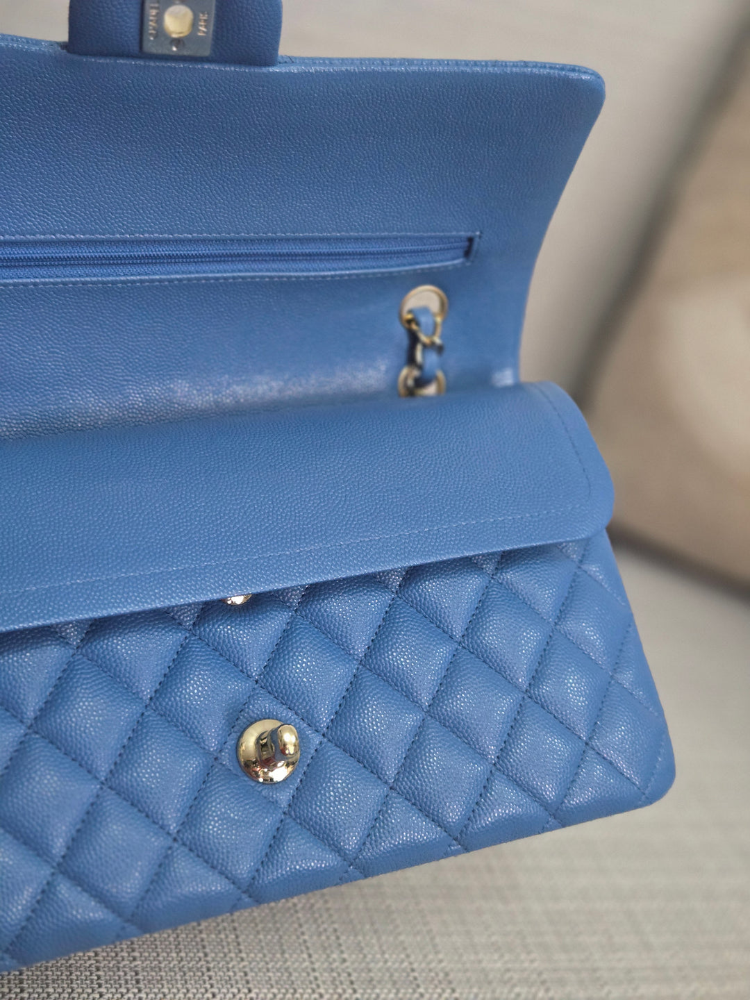 Chanel Series 30 Blue Caviar Medium Timeless Classic Double Flap Bag with Champagne GHW