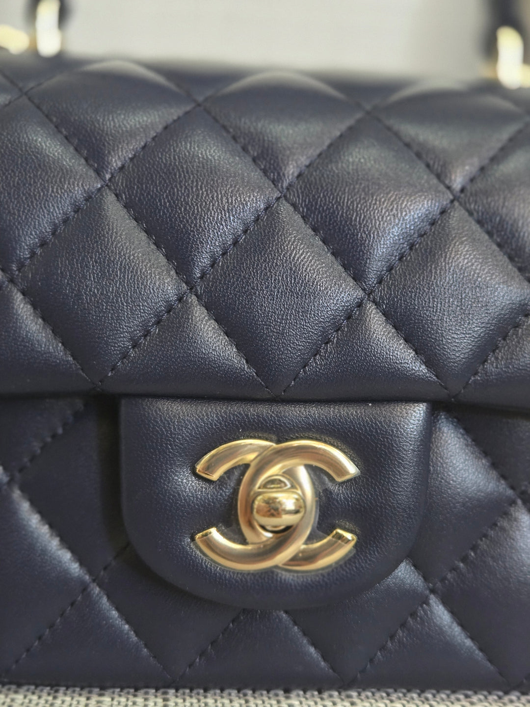 Chanel Navy Lambskin Mini Rectangular Flap Bag with Champagne GHW and Top Handle