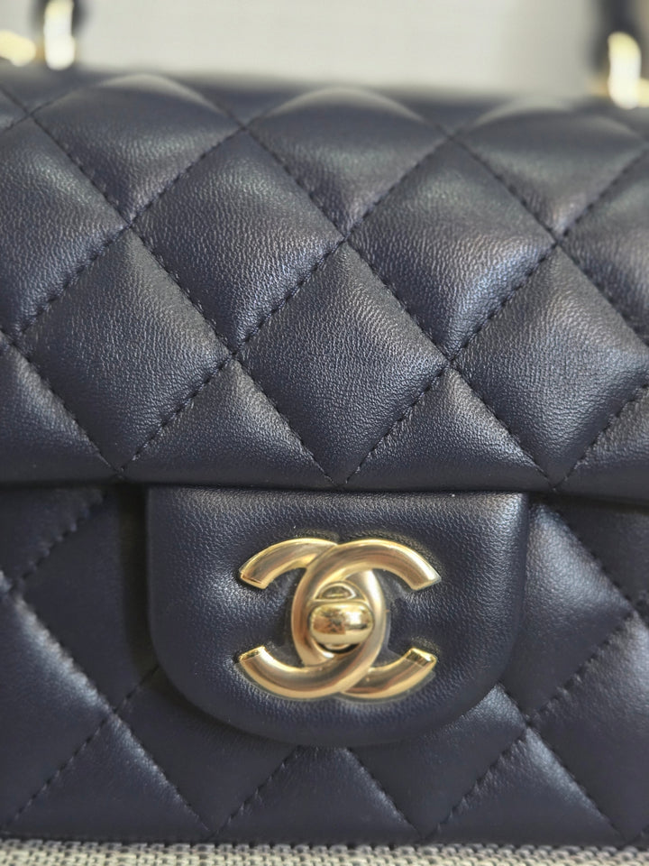 Chanel Navy Lambskin Mini Rectangular Flap Bag with Champagne GHW and Top Handle
