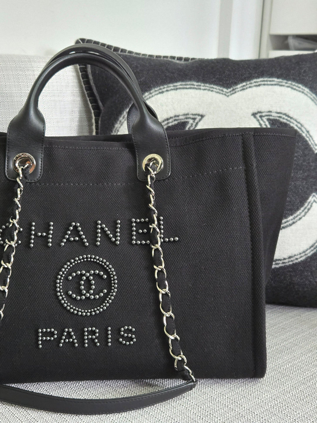 Chanel 20S 2020 Spring/Summer Collecion Black Canvas With Pearl Embossed Deauville Tote Bag with Leather Top Handle Size Medium/Large