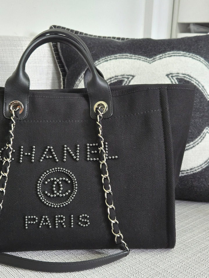 Chanel 20S 2020 Spring/Summer Collecion Black Canvas With Pearl Embossed Deauville Tote Bag with Leather Top Handle Size Medium/Large