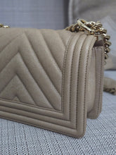 Load image into Gallery viewer, Chanel series 26 18A 2018 Fall/Winter Collection Iridescent Light Beige Chevron Caviar Le Boy Flap Bag size Small with Shiny GHW
