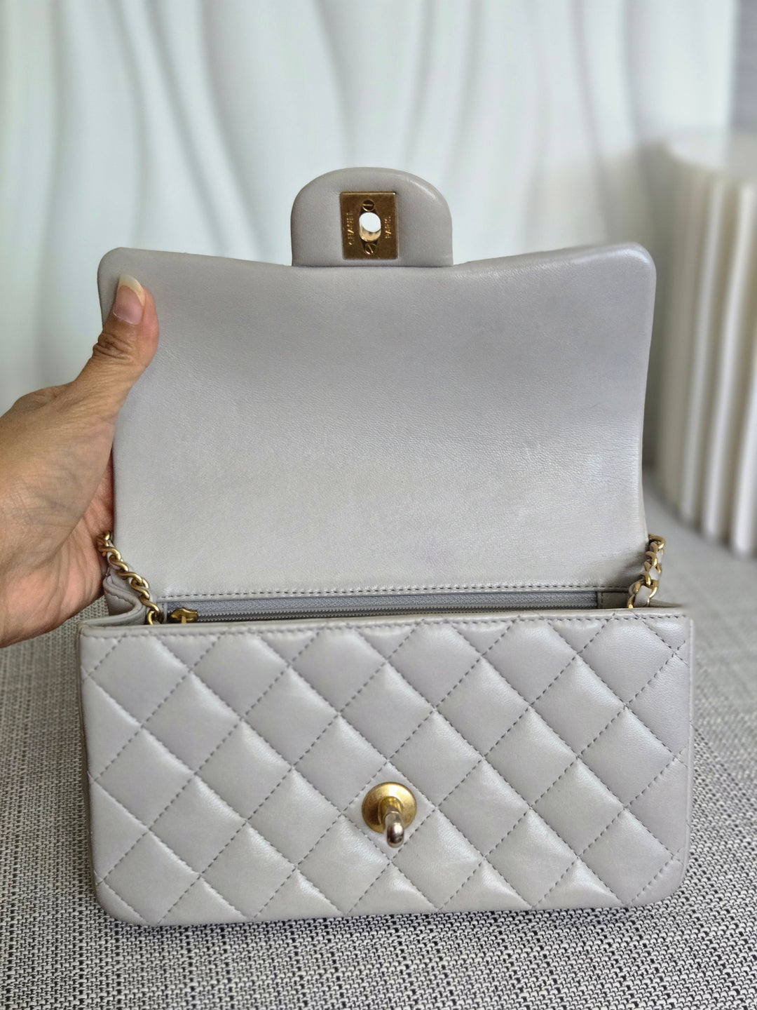 CHANEL 21A light Grey Lambskin Aged GHW Mini Rectangular Flap Bag with Top Handle
