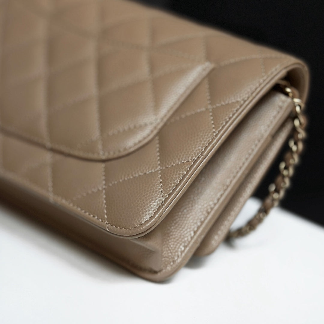 CHANEL 22A collection 2022 Dark Beige Caviar LGHW Classic Wallet On Chain (WOC)