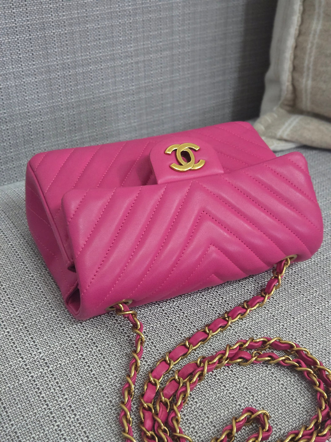 Chanel series 21 Barbie Pink Lambskin Chevron Mini Rectangular Flap Bag with Yellow GHW