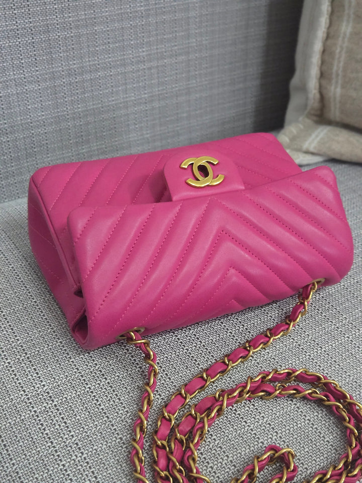 Chanel series 21 Barbie Pink Lambskin Chevron Mini Rectangular Flap Bag with Yellow GHW