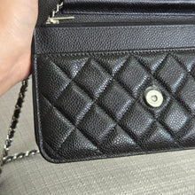 Load image into Gallery viewer, Chanel Black Caviar Classic Wallet on chain (WOC) with silver hardware
