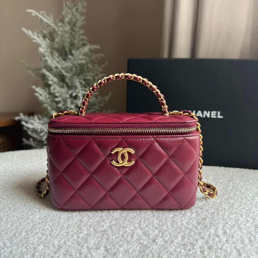 CHANEL 22K collection Burgundy Lambskin aged GHW Top Handle Vanity Case 2022