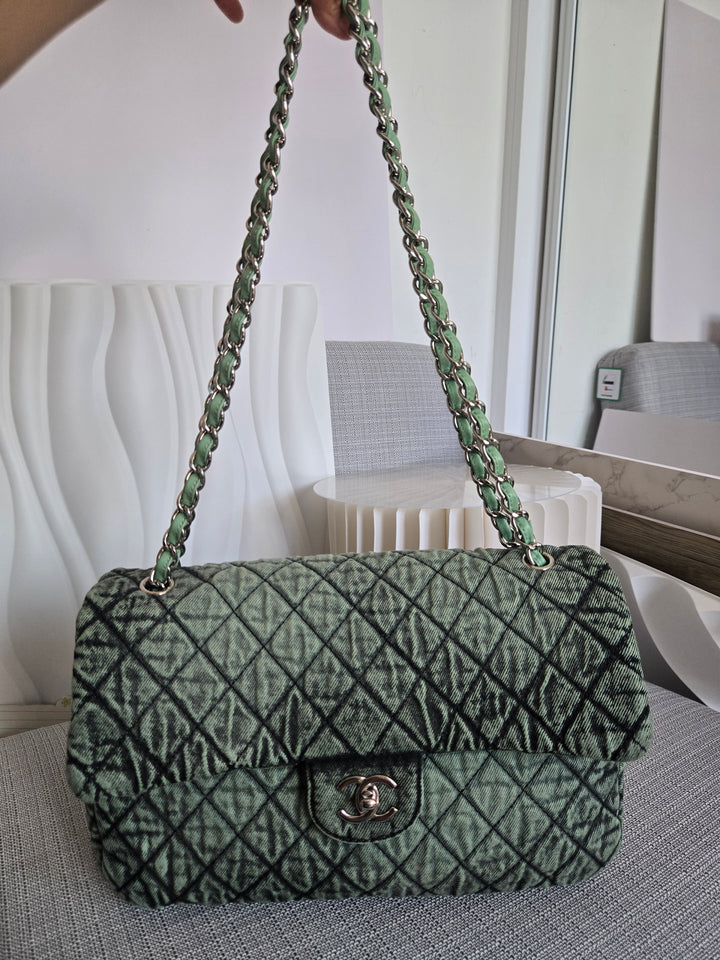 CHANEL Green Denimpression SHW size Jumbo Single Flap Bag