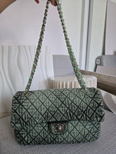 Load image into Gallery viewer, CHANEL Green Denimpression SHW size Jumbo Single Flap Bag
