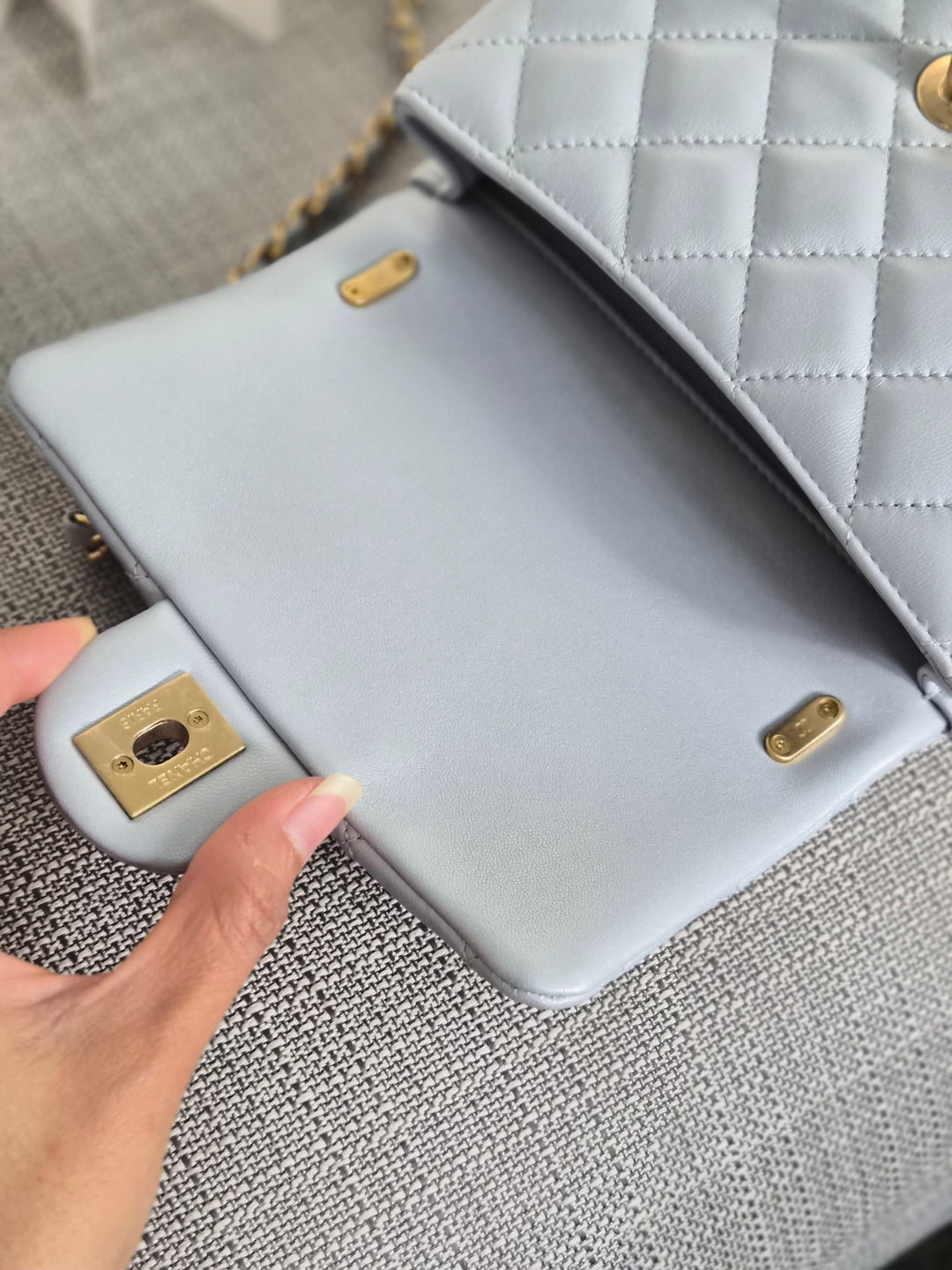 CHANEL Pearl Twist Pearly Silver Light Blue Lambskin Mini Flap Bag