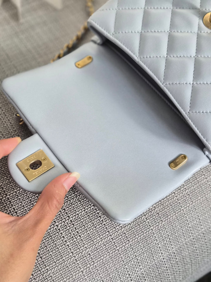 CHANEL Pearl Twist Pearly Silver Light Blue Lambskin Mini Flap Bag