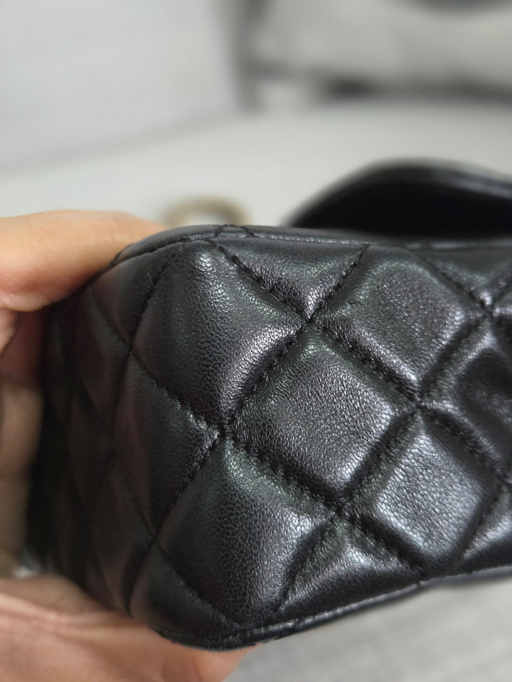 Chanel Black Lambskin Mini Rectangular Flap Bag with Top Handle GHW