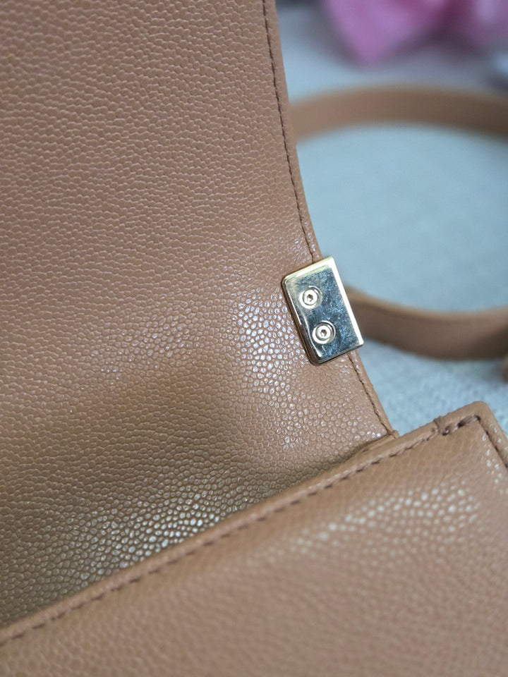 Chanel 21K 2021 Fall/Winter Collection Caramel Brown Caviar shiny champagne GHW Small Le Boy Flap Bag