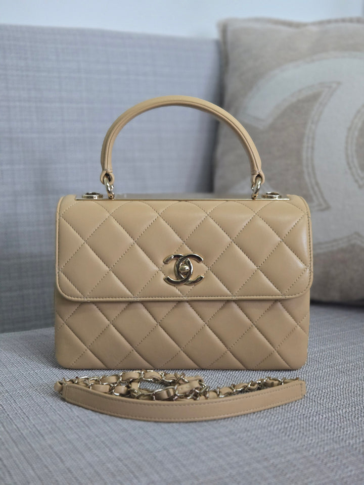 Chanel series 26 2018 Beige Lambskin Trendy CC Flap Bag with Top Handle Size Small with Champagne GHW and detachable Shoulder strap