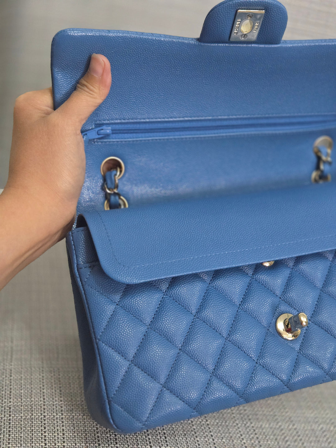Chanel Series 30 Blue Caviar Medium Timeless Classic Double Flap Bag with Champagne GHW