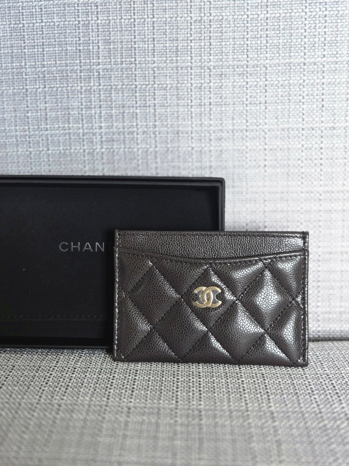 Chanel 2024/2025 25C collection Dark Chocolate Brown Caviar LGHW Flat Card Holder