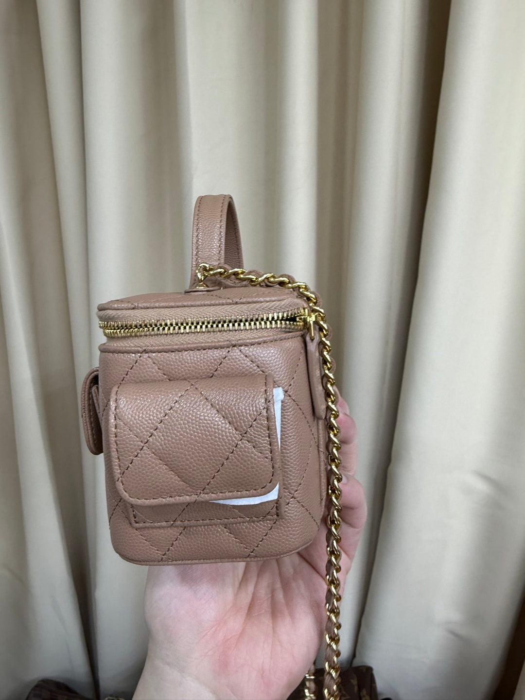 CHANEL Dark Beige Caviar Quiled Polly Pockets Cargo Small Vanity Case with Aged GHW