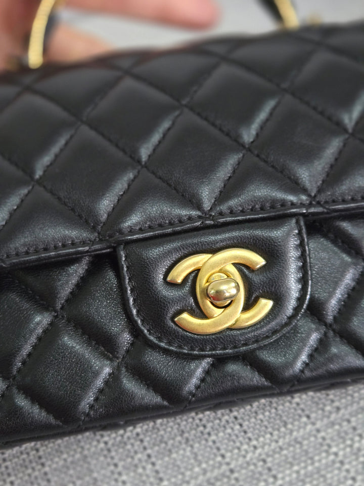 Chanel Black Lambskin Mini Rectangular Flap Bag with Top Handle GHW