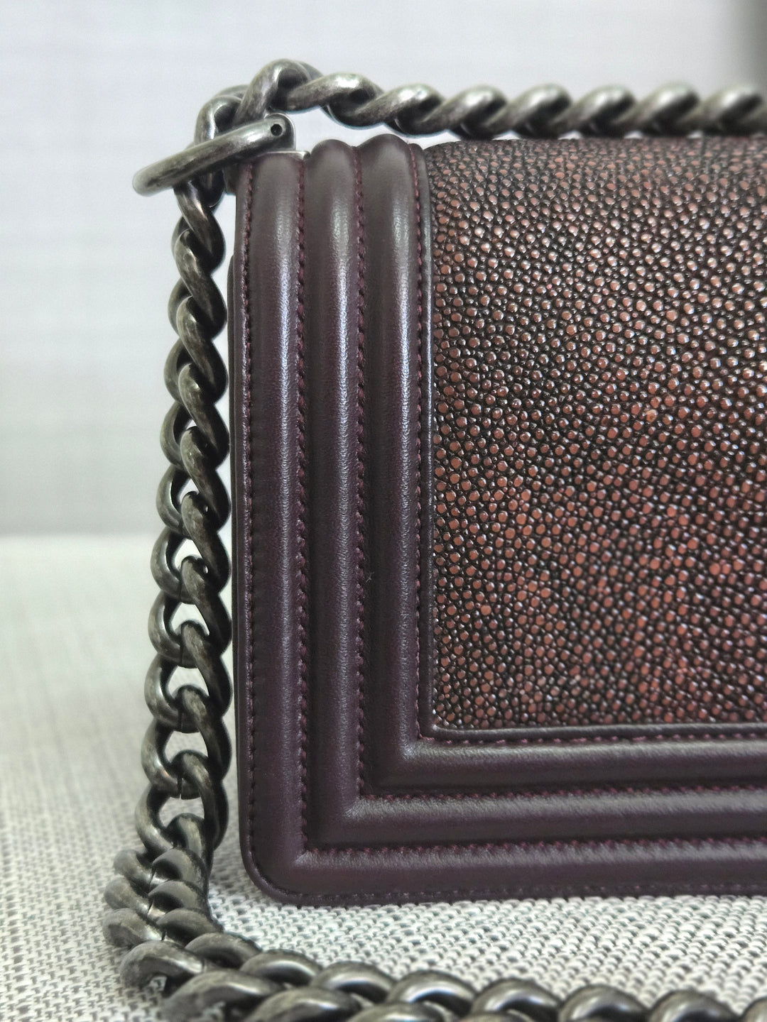 Chanel series 21 2015 Burgundy Lambskin Stingray Le Boy Flap Bag with RHW size Small