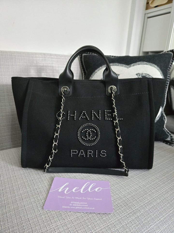Chanel 20S 2020 Spring/Summer Collecion Black Canvas With Pearl Embossed Deauville Tote Bag with Leather Top Handle Size Medium/Large