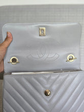Load image into Gallery viewer, Chanel series 25 Grey Lambskin Chevron Trendy CC Top Handle Flap Bag Size Small with Champagne GHW and Detachable Shoulder strap
