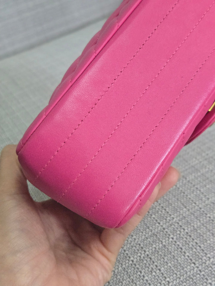 Chanel series 21 Barbie Pink Lambskin Chevron Mini Rectangular Flap Bag with Yellow GHW
