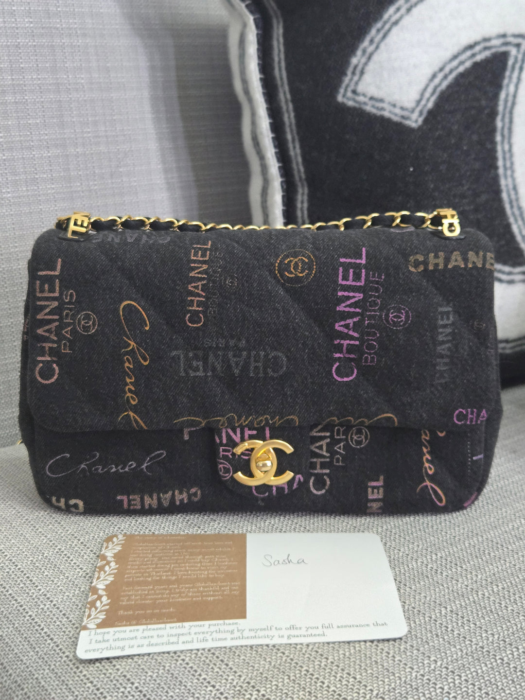 Chanel 22P collection Black Denim Mood Flap Bag with Aged GHW size Medium (25 cms)