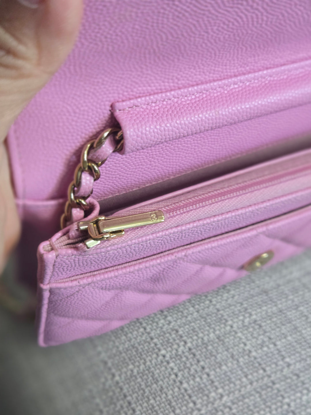 Chanel 23P Collection 2023 Mauve undertone Pink Caviar Champagne GHW Classic Wallet on chain (WOC)