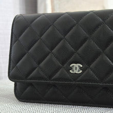 Load image into Gallery viewer, Chanel Black Caviar Classic Wallet on chain (WOC) with silver hardware
