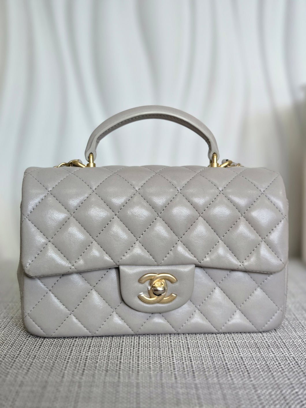 CHANEL 21A light Grey Lambskin Aged GHW Mini Rectangular Flap Bag with Top Handle