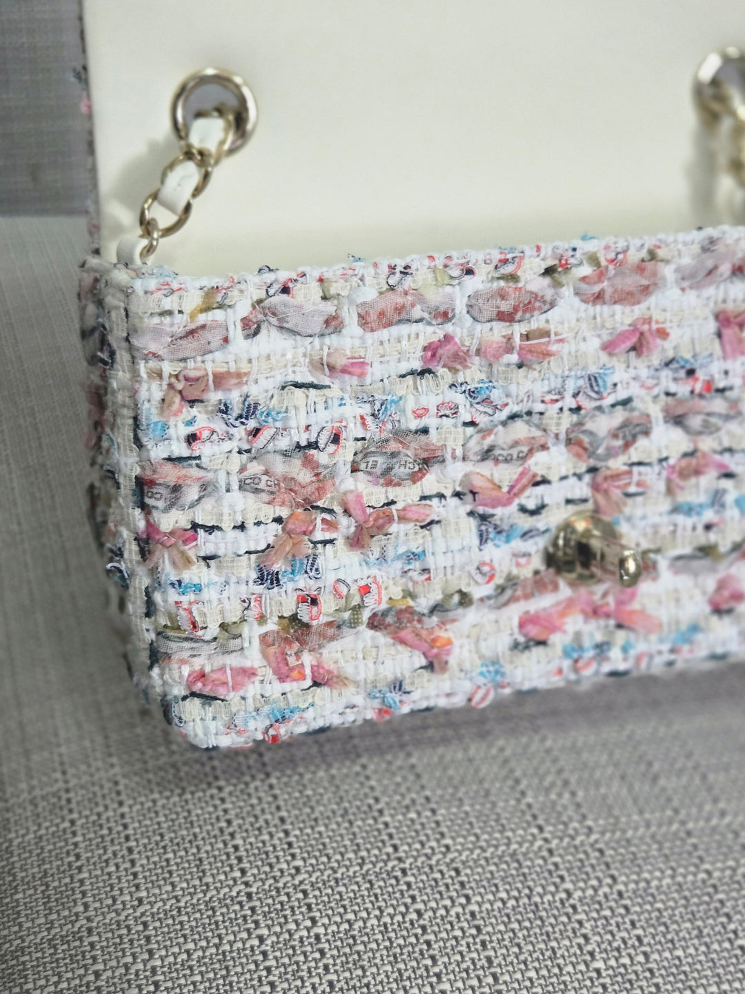 Chanel 23C 2022/2023 Cruise Collection Tweed Quilted Mini Rectangular Flap Bag in Ecru, Pink, Blue, and Green with Champagne GHW