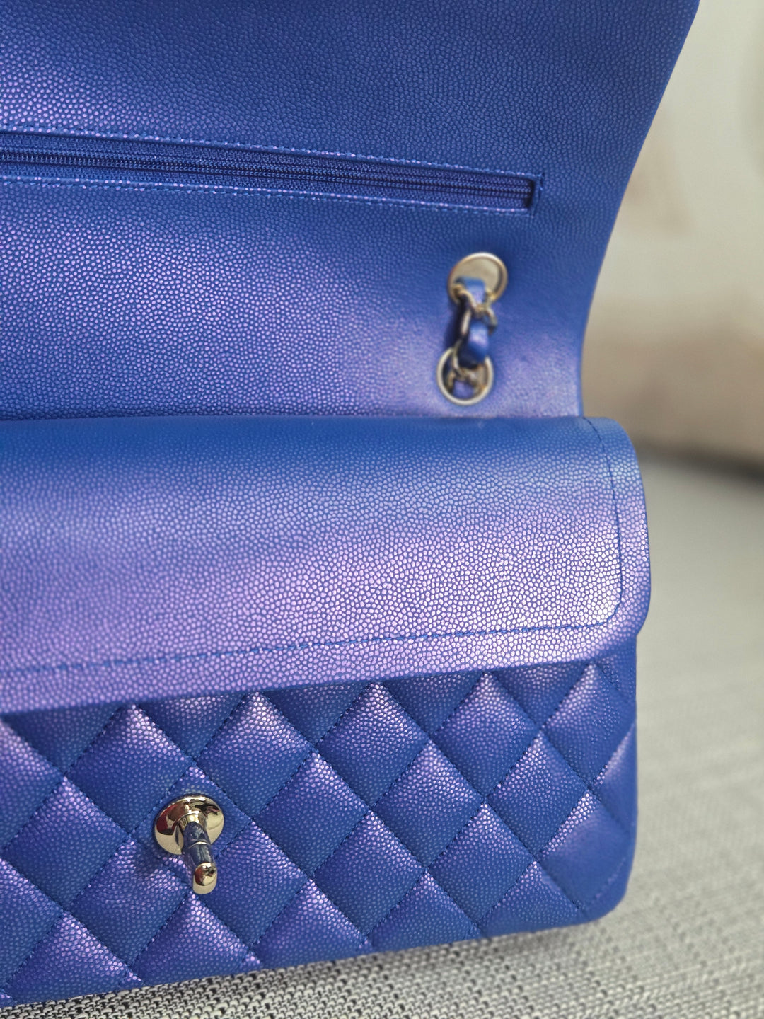 Chanel series 31 Iridescent Cobalt Blue Caviar Medium ML Timeless Classic Double Flap Bag with Champagne GHW