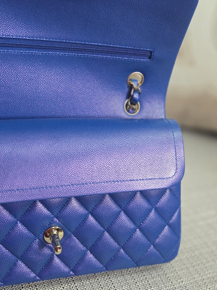 Chanel series 31 Iridescent Cobalt Blue Caviar Medium ML Timeless Classic Double Flap Bag with Champagne GHW
