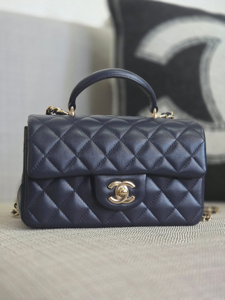 Chanel Navy Lambskin Mini Rectangular Flap Bag with Champagne GHW and Top Handle