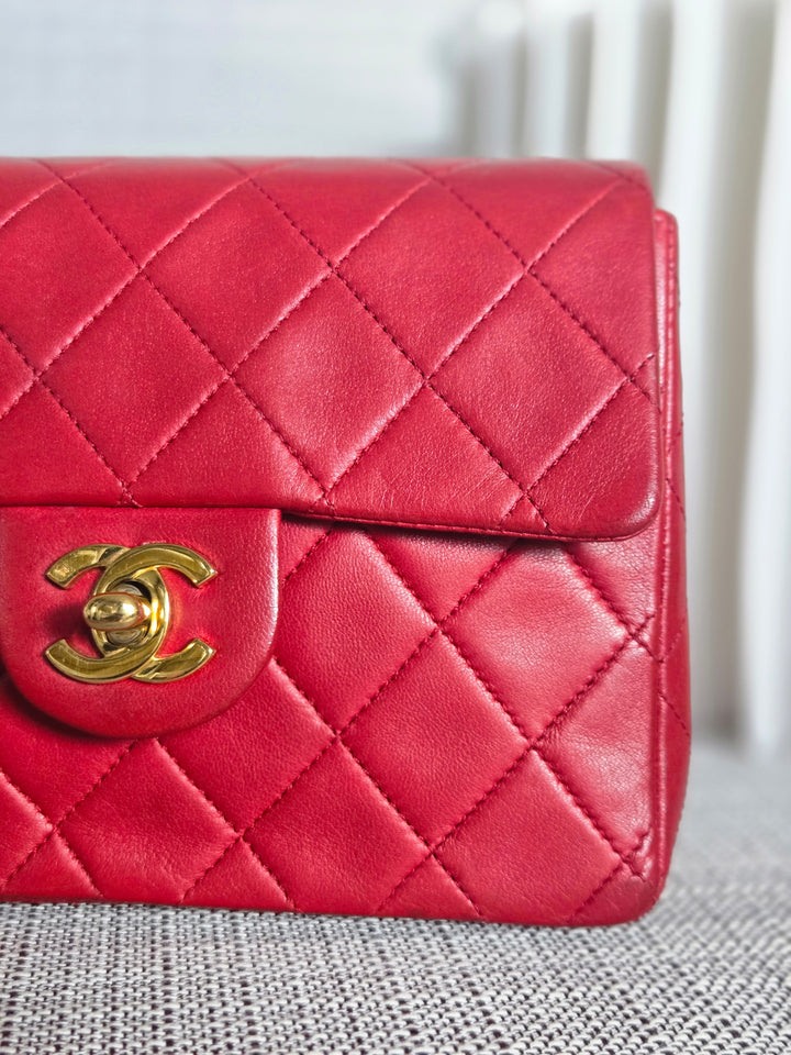 Chanel series 1 Red Lambskin 24K GHW Vintage Classic Mini Square Flap Bag