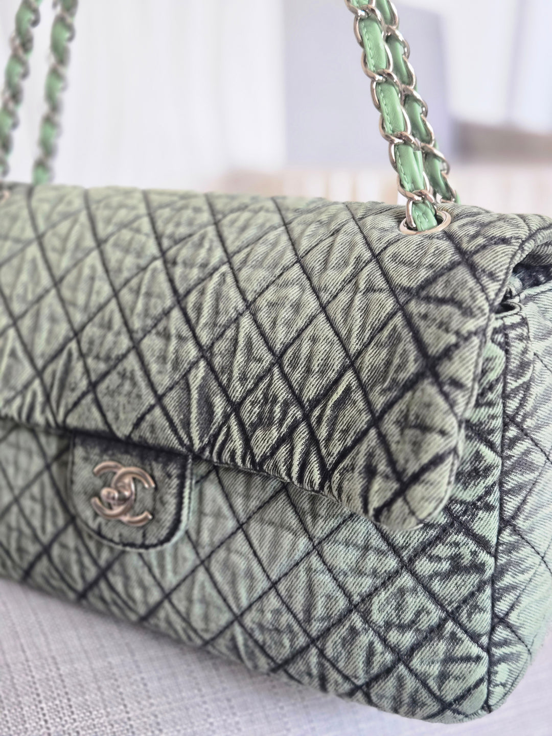 CHANEL Green Denimpression SHW size Jumbo Single Flap Bag