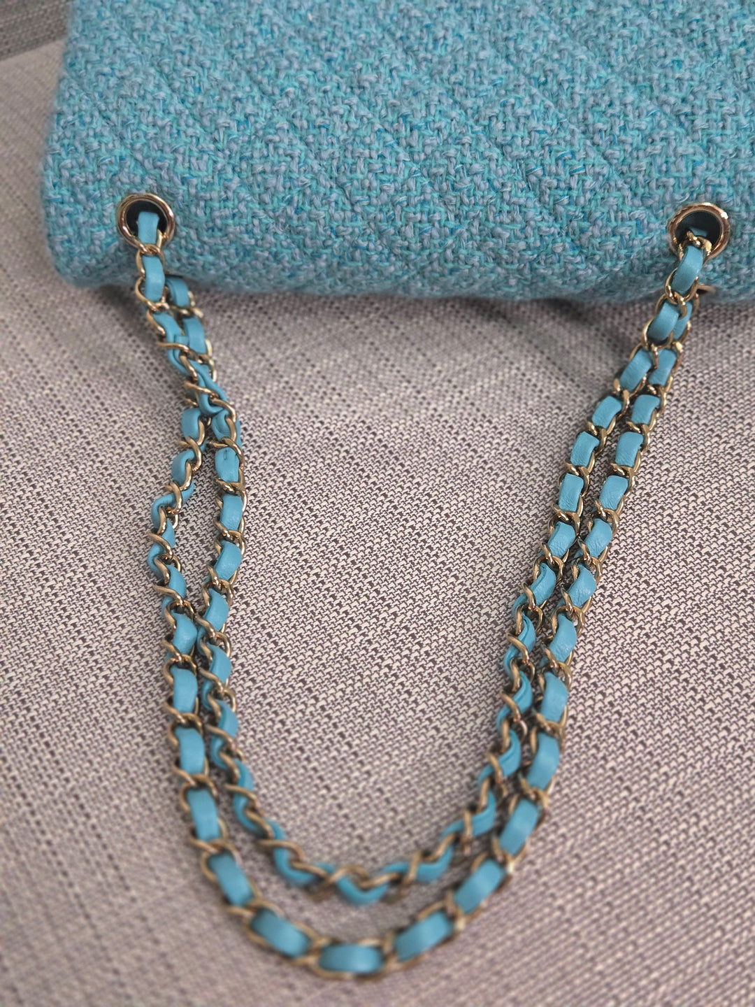 Chanel 22B 2022 Fall/Winter Collection Turquoise Blue Tweed Medium ML Timeless Classic Double Flap Bag with Champagne GHW