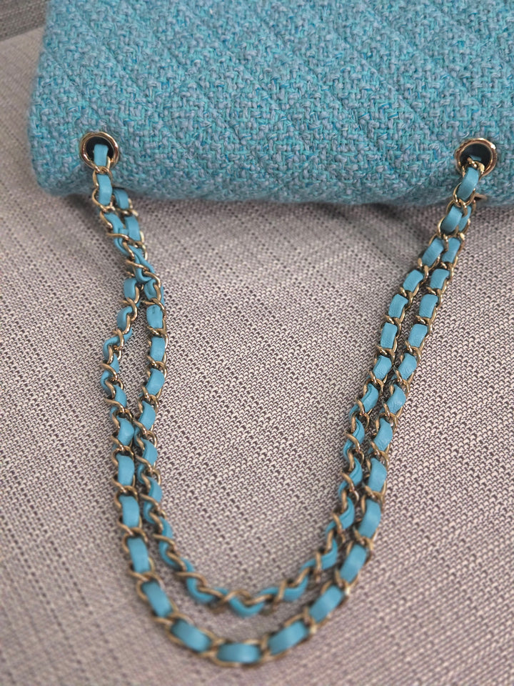 Chanel 22B 2022 Fall/Winter Collection Turquoise Blue Tweed Medium ML Timeless Classic Double Flap Bag with Champagne GHW